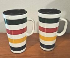 HBC Stripes SET OF 2 Travel Mugs w Black Lids Ceramic Hudson Bay Co Multicolor picture