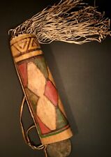 EXCEPTIONAL LATE 19TH C PLAINS PAINTED PARFLECHE FRINGED CYLINDRICAL CONTAINER picture