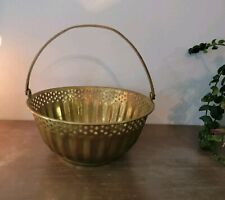 Vintage Ribbed Brass Basket/Bowl With Hinged  Handle Beautiful Cutouts Fretwork  picture