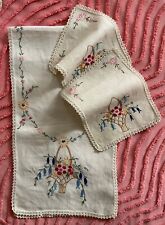 VINTAGE 3 PIECE HAND EMBROIDERED DRESSER SCARF SET CROCHETED EDGES ON TAN FLORAL picture
