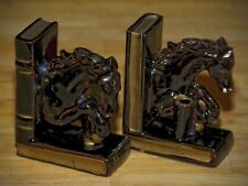 VINTAGE Windsor BLACK & GOLD CERAMIC HORSE BOOKENDS 1960's Made in Japan AS IS picture