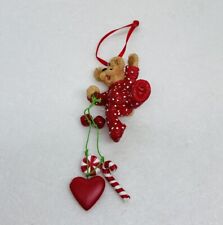 Vintage Teddy Bear Christmas Pajama Resin Ornament Candy Cane Jingling Bells 16 picture