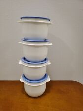 Tupperware Set of 4 One Touch 26 oz. White Bowls Blue Lid Seals 2513 VTG NOS picture