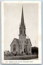 1905's Swedish Lutheran Church Building Tower People Escanaba Michigan Postcard picture