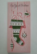 Vtg PINK CHRISTMAS Stocking & ATOMIC ORNAMENTS Embossed Mid Century CARD picture