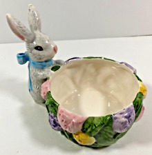 Ceramic Spring Flowers Gray Bunny Rabbit Cand Dish 4 1/2