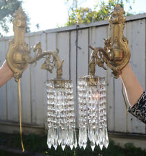 Pair Massive Vintage Sconces French Brass bronze fountain waterfall Crystal lamp picture