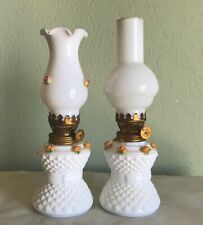 Two Vintage Miniature Milk Glass Oil Lamps with applied Flowers Japan 8 & 8.5
