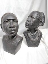 2 Vintage African Hand Carved Style Bookend Sculpture Man & Woman Head Bust picture