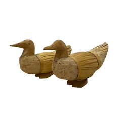 Vintage Pair Of Ducks 10” Corn Husk Reed Bamboo Cork Set Of 2 picture