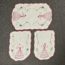 Vtg Embroidered Set 3 Dresser Scarf Table Runner Southern Belle Crocheted Edge picture