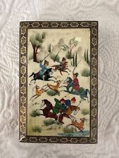 Persian Lacquered Wooden Inlaid Khatam Marquetry Box Hunting Scene picture