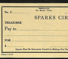 Scarce c1920's Sparks Circus Unused Check Triplicate w/ Register Stub picture