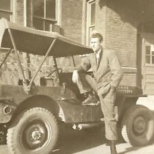 i2 Photograph Handsome U.S. Military Soldier Posing Old Jeep Artistic 1940-50's picture