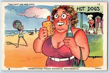 Wadena Minnesota MN Postcard Greetings Ugly Fat Woman With Hot Dog And Soda picture