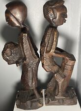 Pair Hand Carved Wooden African Tribal Statues Man Woman Decor Vintage picture