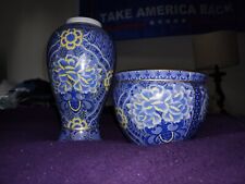 Beautiful Vintage Blue,Yellow & White Chinoiserie Floral Planter w/ Brass Set picture