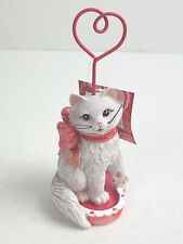 Photo Note Holder White Kitten Cat with Red Bow Sitting in Heart Shaped Dish NOS picture
