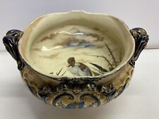 Asian Footed Bowl, Signed, Hand Painted,  ducks, birds, koi, foliage, 2 handles picture
