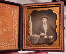 Sixth plate daguerreotype of Dandy with cool cap and cane/stick writing in case picture