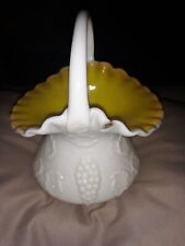 VINTAGE KANAWHA  MILK GLASS BASKET OVERLAY YELLOW INSIDES GRAPES EMBOSSED DESIGN picture