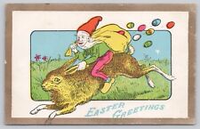 Postcard Easter Greetings Elf Gnome Riding Rabbit Sack Of Eggs c 1910 picture