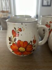 1970s Japan Stoneware 4pc Mug Set Valencia Poppy Coffee Cups Orange Poppies picture