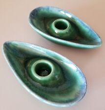 Vtg Pair Royal Haeger Green with Blue Teardrop Ceramic Candle Holders. [A4] picture