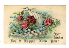 c1906 New Year Postcard Sail Boat, Forget-Me-Nots, Roses Embossed picture