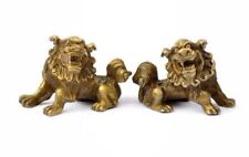 2pc Chinese Fengshui Pure Brass Guardian Foo Fu Dog Lion Beast Statue Pair picture