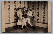 RPPC Man 2 Women ? Sitting Closely on Chair Comic Studio Photo ? Cyko c1904-1920 picture