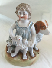 ANTIQUE 1900-20 BISQUE FIGURINE GIRL W BIG DOG & CAT W KITTENS APPROX 8.75