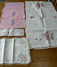VINTAGE HANDMADE NEEDLEWORK LINENS, PINK FLORAL SET/5; RUNNERS AND PLACEMATS picture