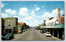 Dalhart Texas~Main Street~DeSoto Hotel~Pigman~Mission~1950s Cars~Postcard picture