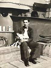VINTAGE 1940s PHOTO Handsome Soldier Sailor Man Posing with Navy Ship DOG picture
