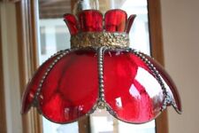 Vintage Ruby Red Glass Scalloped Antiqued Beaded Metal Swag Lamp MCM 60's 70 picture