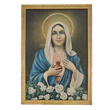 Antique Immaculate Heart of Mary Print in Gilded Gilt Wood Frame Gold Portrait picture
