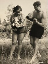 1961 Shirtless Handsome Man Trunks Bulge Plump Woman Holding Puppy Vintage Photo picture