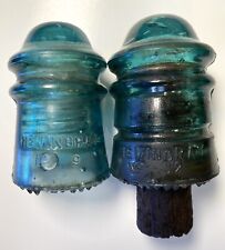 Lot of 2 Vintage Hemingray Blue Green Glass Insulators No. 9 No. 12 May 2 1893 picture