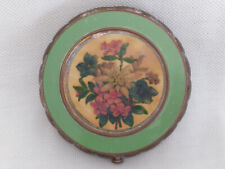Vintage Round Brass / Green Enamel Makeup Compact with Flowers picture