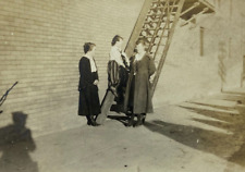 Three Women Standing At Bottom Of Stairs On Sidewalk B&W Photograph 2.25 x 3.25 picture