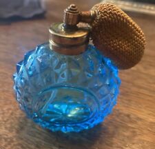 Teal Blue Cut Glass Perfume Empty Bottle Atomizer  3”H X  2”L Vintage picture