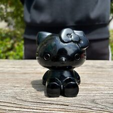 1.2LB 3.7''Hand Carved Natural Black Obsidian Hello Kitty Statue Crystal Carving picture