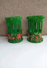Wonderful Vintage 1960s Christmas Green Flocked Cathedral Candle Holder Lot Of 2 picture