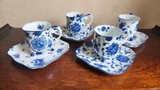 Colbalt Blue & White 3 Footed Tea Cup & Saucer Porcelain China Set Of 4 picture