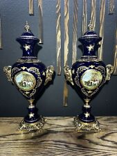 Pair of Cobalt Blue Sevres Style Urns 23” Tall With Brass Rams Head Ormolu picture