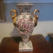 Vintage Cream Pink Pedestal Swan Vase w/ Purple/Pink Flowers & Gold Handles picture