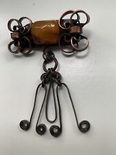 Antique Latvian Copper Brooch with Suspensions & Amber Stone picture