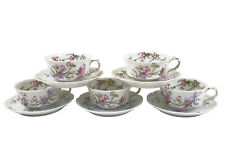 HAVILAND & CO LIMOGES Pink Purple Flower Gold Cup and Saucers 5 Sets ~ 10 Pieces picture