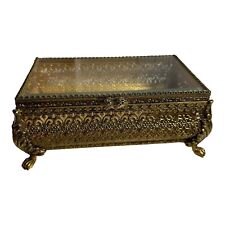 Vintage French Beveled Glass Gold Filigree Ormolu Jewelry Casket Box Claw Foot picture